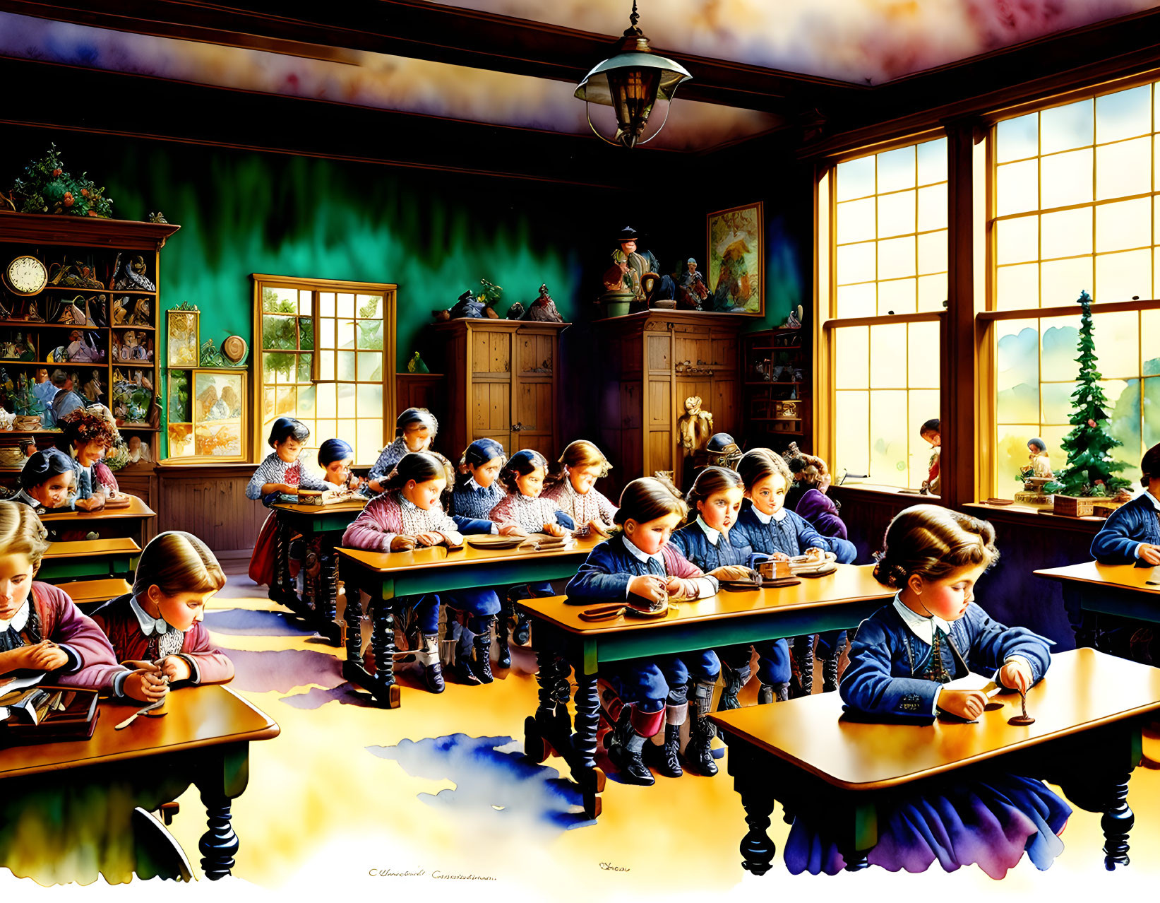 Colorful Vintage Classroom Painting with Students at Wooden Desks