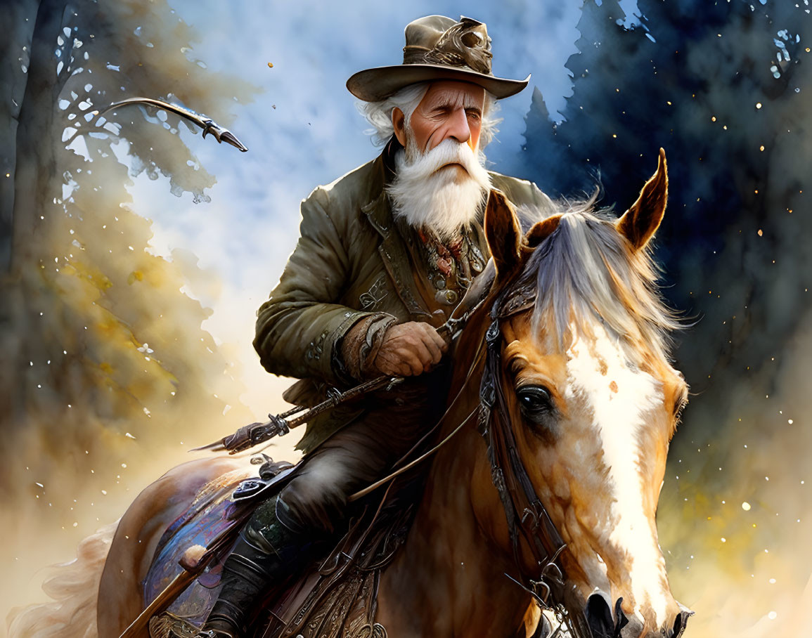 Elderly cowboy on brown horse with moustache and hat in nature landscape