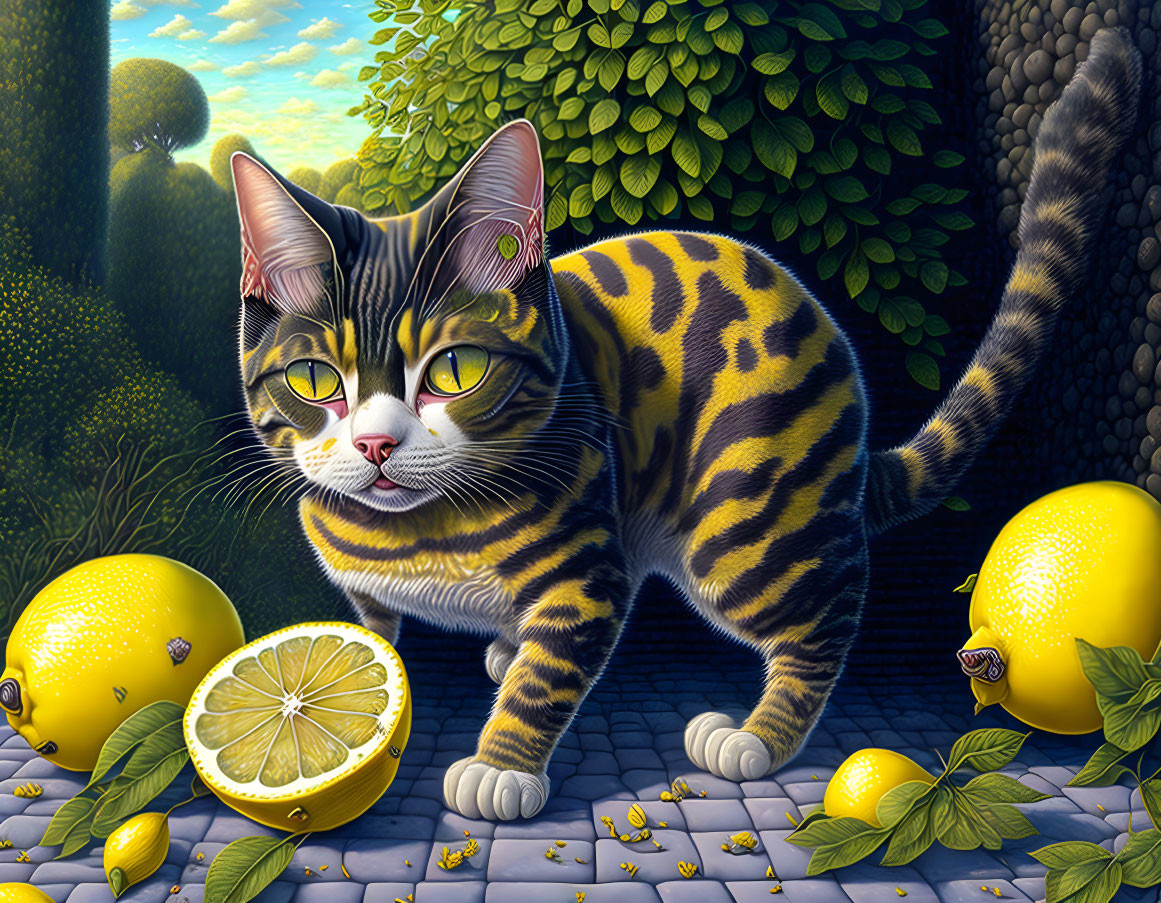 Striped Cat with Lemons on Cobblestone Path in Lush Green Setting