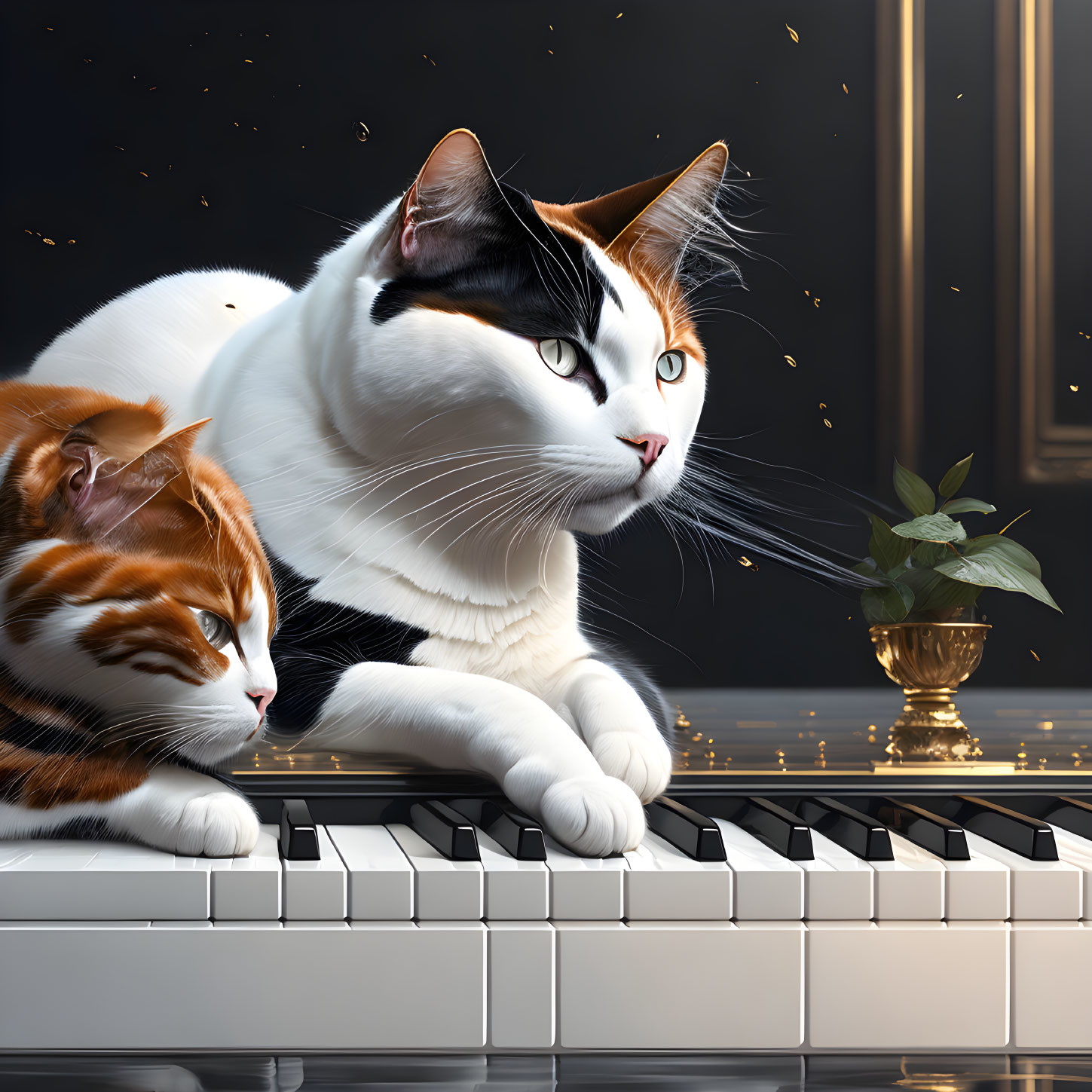 Two Cats with Unique Fur Patterns on Piano Keys with Golden Leaves