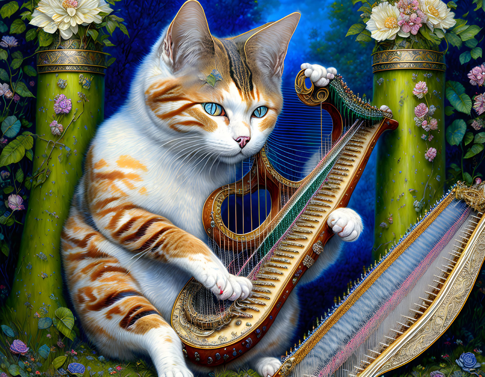 Anthropomorphic cat with blue eyes playing golden harp in floral garden