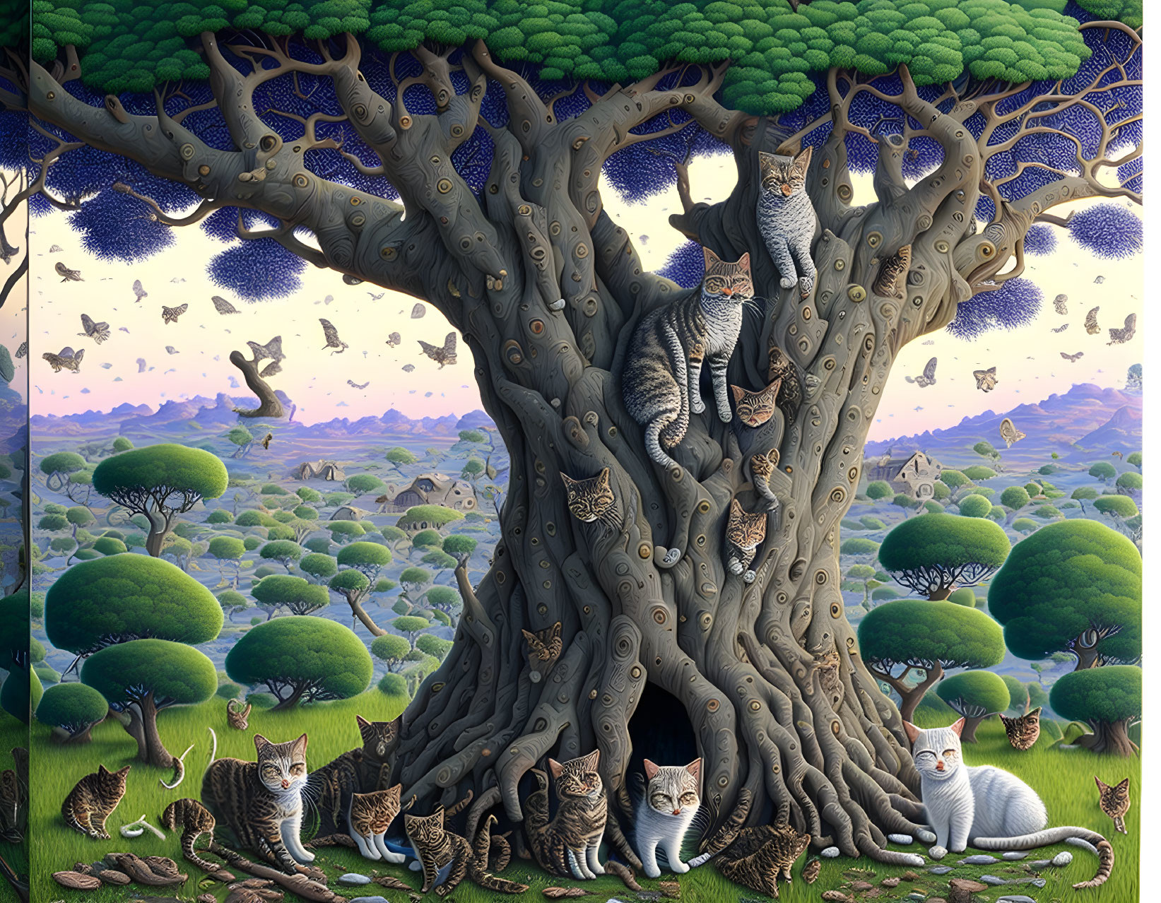 Whimsical art: Giant tree, cats in surreal landscape