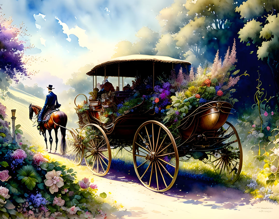 Ornate horse-drawn carriage with flowers on flower-lined path