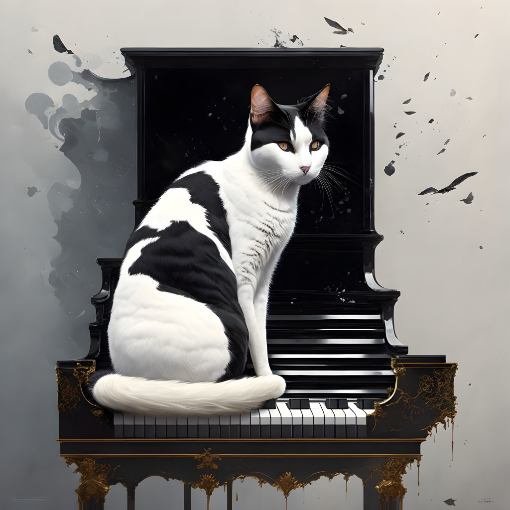 Black and white cat on piano keyboard with splattered paint effects