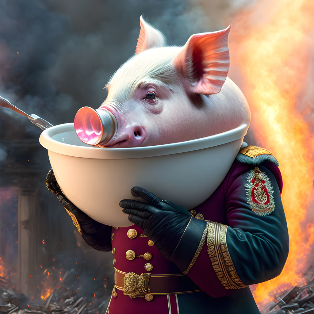 Surreal portrait: pig with human-like features in military attire, holding bowl with straw, amid