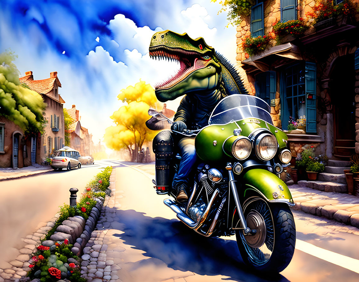 Anthropomorphic dinosaur on green motorcycle in European-style street