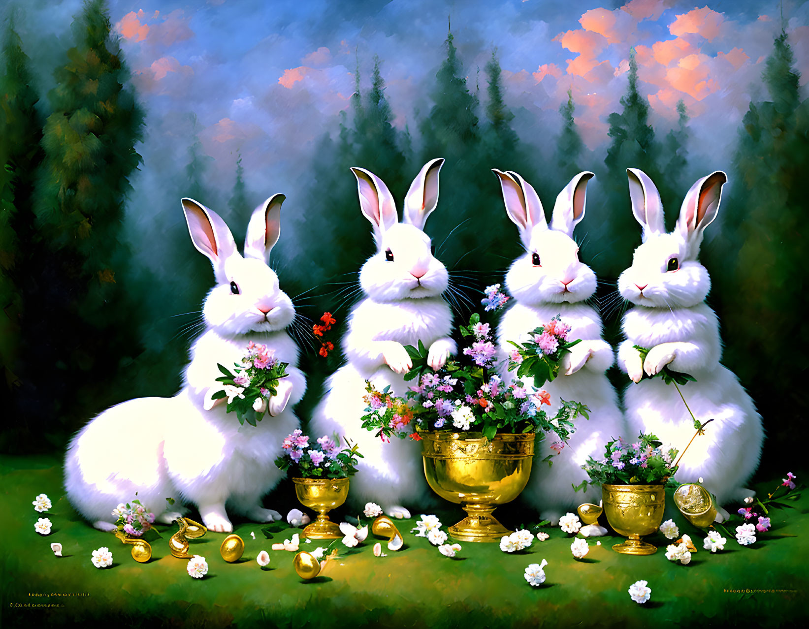 White rabbits with colorful flowers and golden eggs in dark forest setting