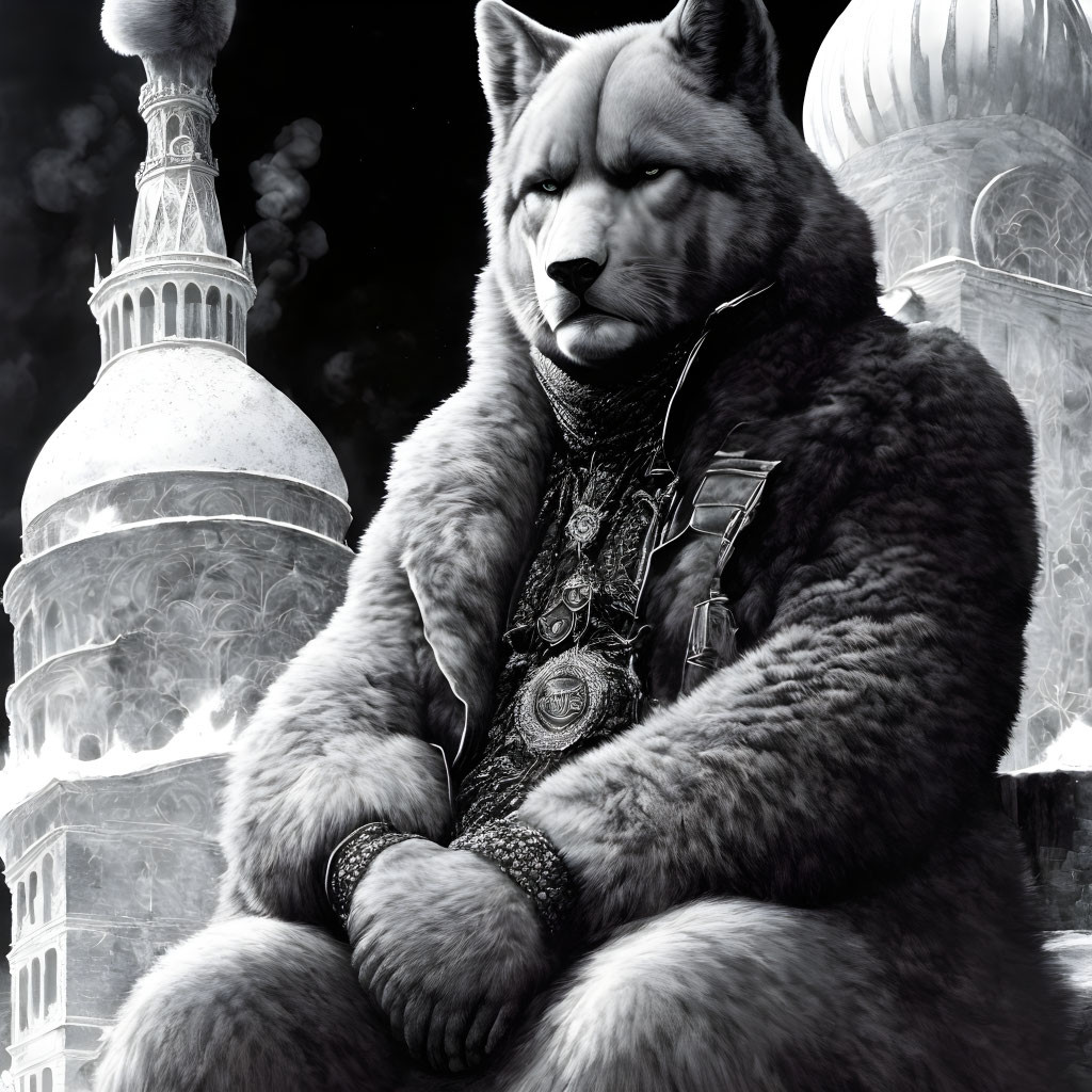 Regal lynx in ornate armor with ancient cityscape.