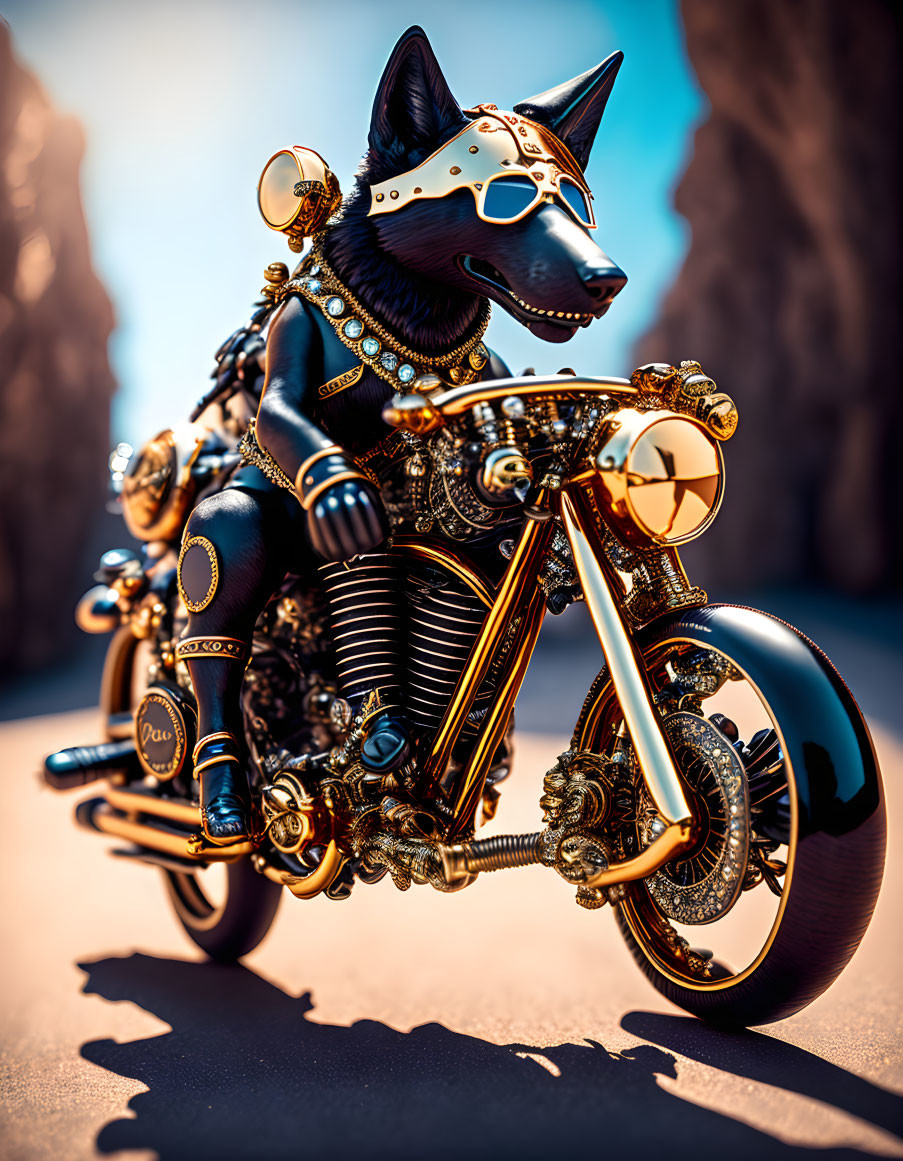 Anthropomorphic fox character in black and gold biker outfit on chopper-style motorcycle