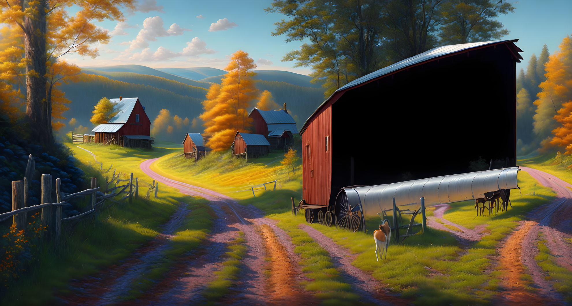 Tranquil rural landscape with red barn, covered bridge, horses, dirt road, autumn foliage,