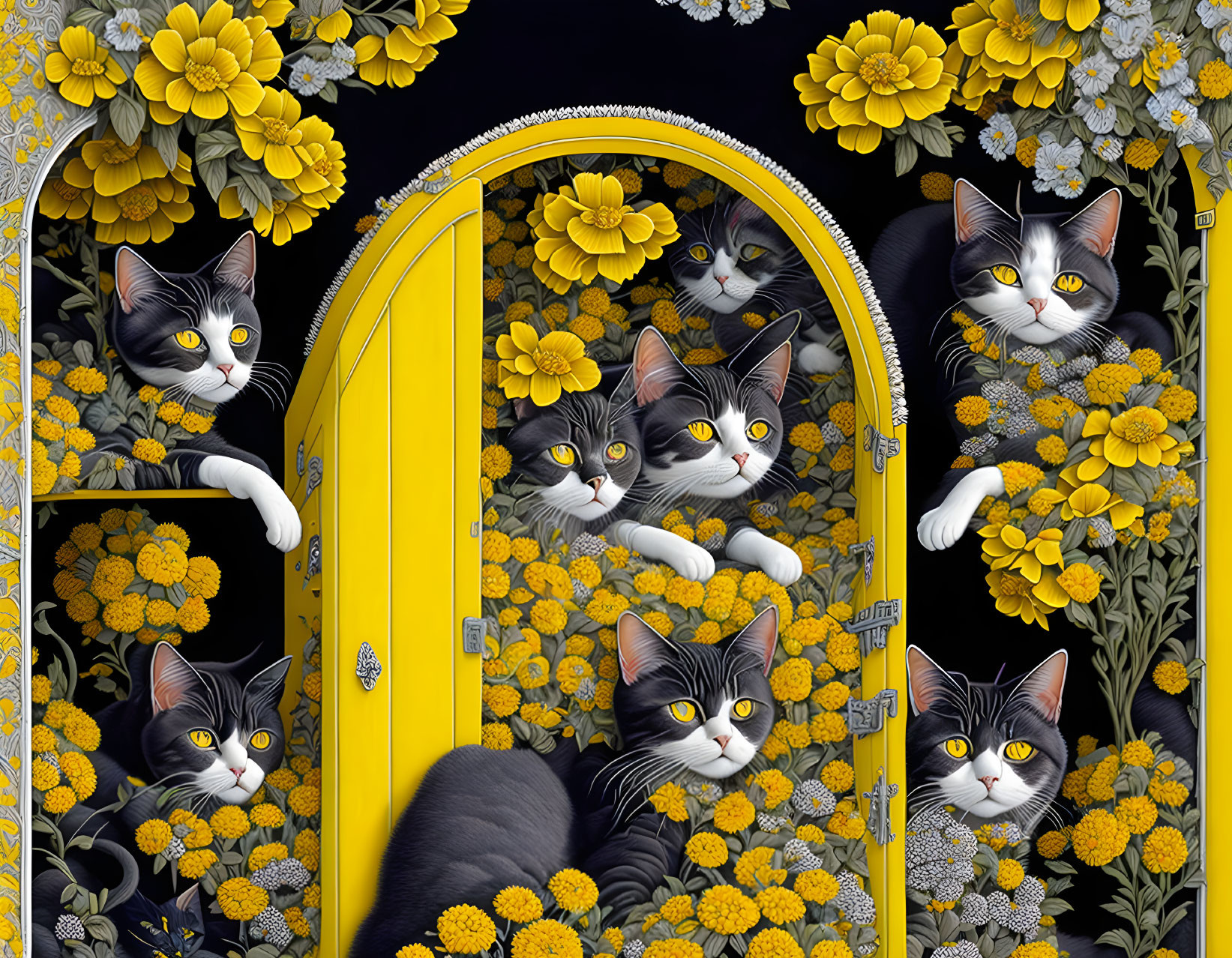 Illustration of black and white cats by yellow door in floral setting