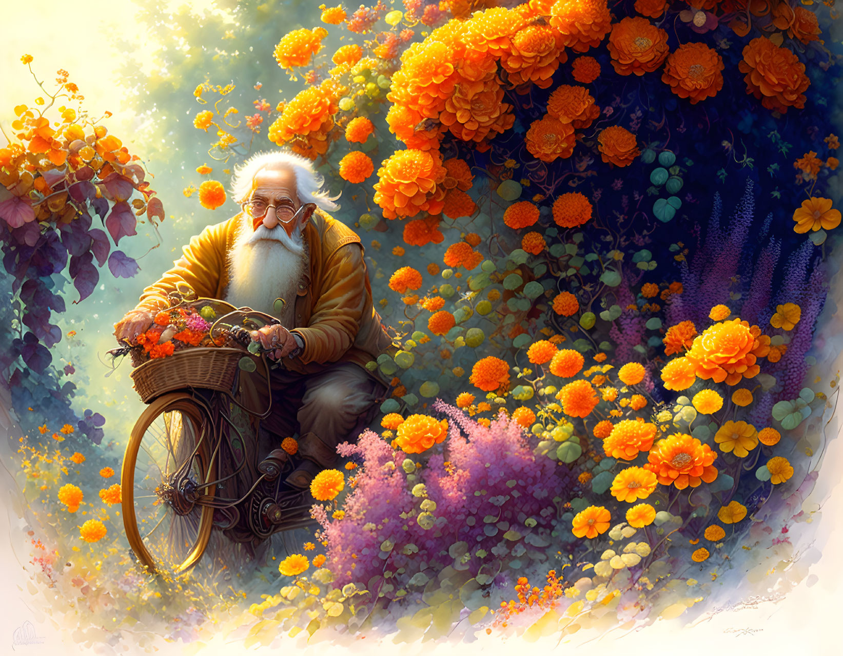 Elderly man with white beard biking in vibrant garden