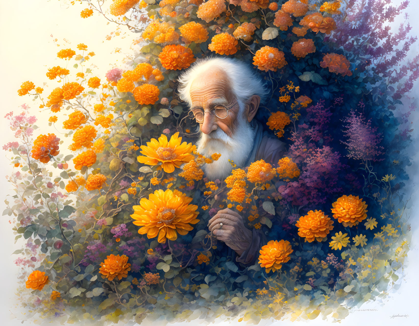 Elderly man with white hair and beard among vibrant orange and yellow flowers