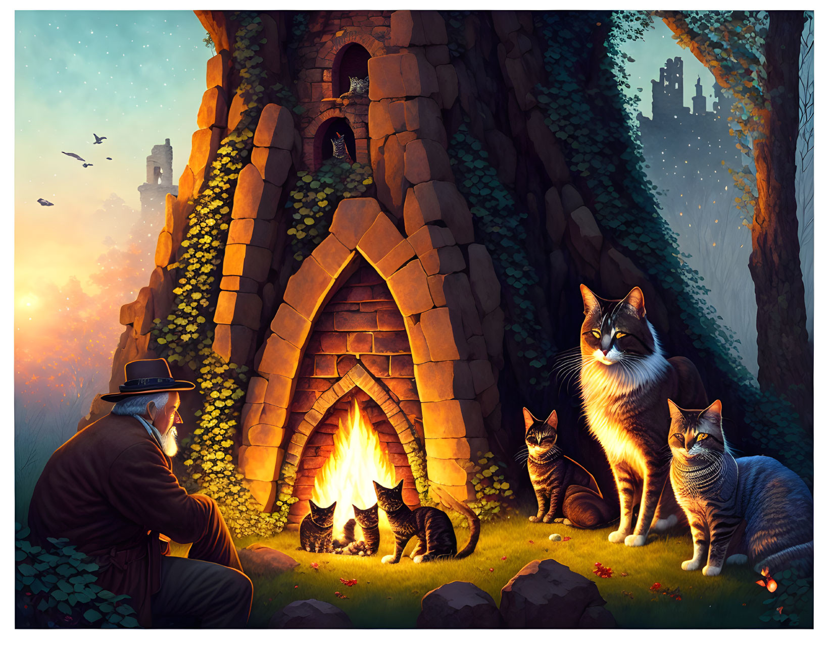 Man with Four Cats by Fire at Sunset Amidst Ruins and Castle