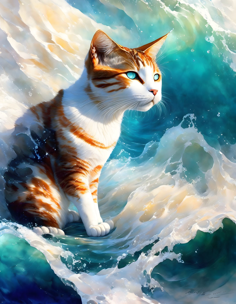 Orange and White Cat with Blue Eyes on Water Amidst Dynamic Waves