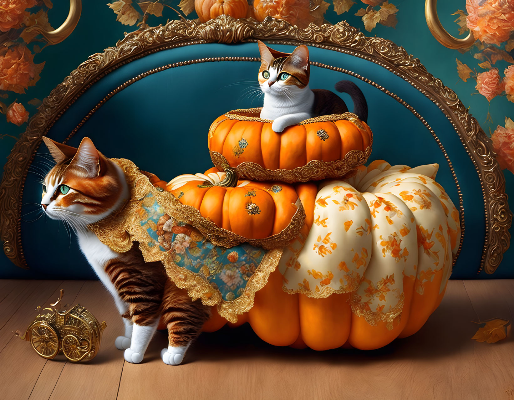 Cat with unique markings next to pumpkin carriage with golden accents on teal backdrop in ornate frame