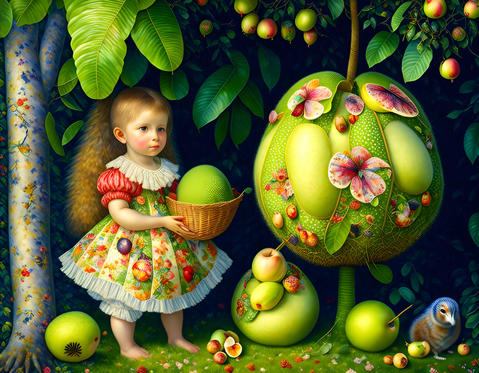 Young girl in patterned dress with basket near fantastical tree in lush garden