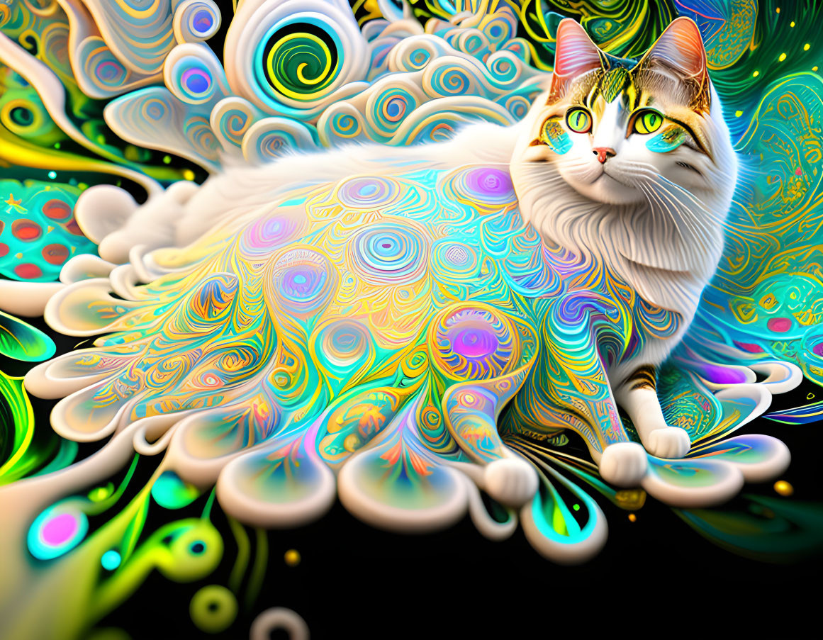 Colorful surreal digital artwork: Cat with swirling patterns on vibrant background