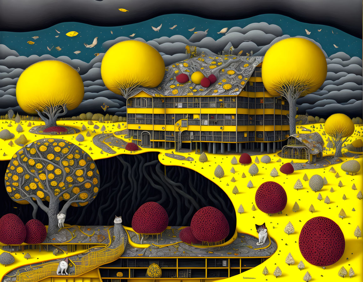 Surreal landscape: Yellow & red patterned trees, whimsical building, cat under starry