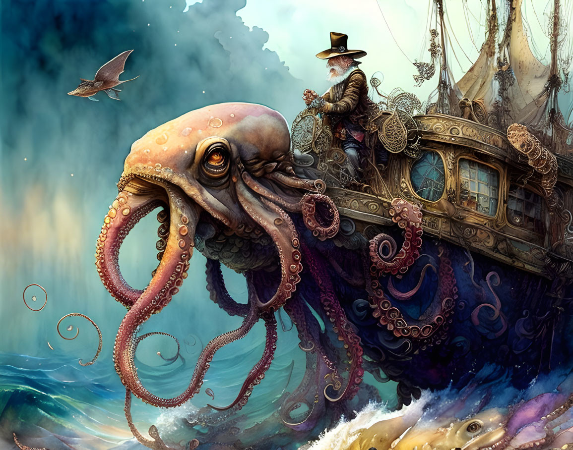 Elderly man on fantasy ship with giant octopus under dramatic sky