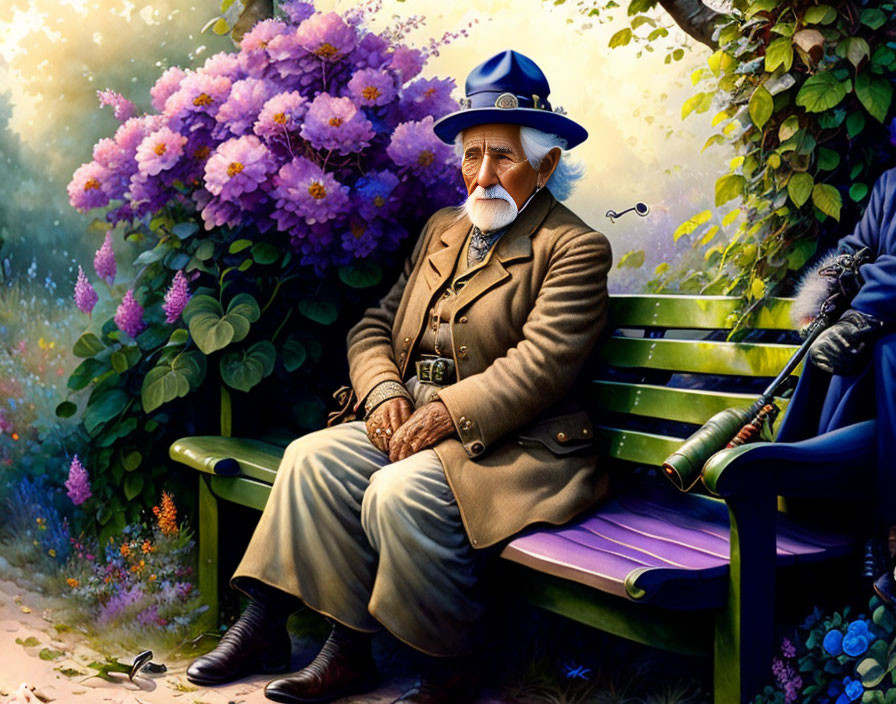 Elderly man in brown suit and blue hat on park bench with purple flowers