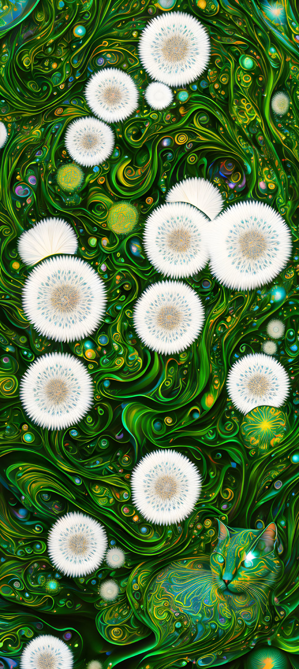 Green abstract swirls with white flower-like shapes.