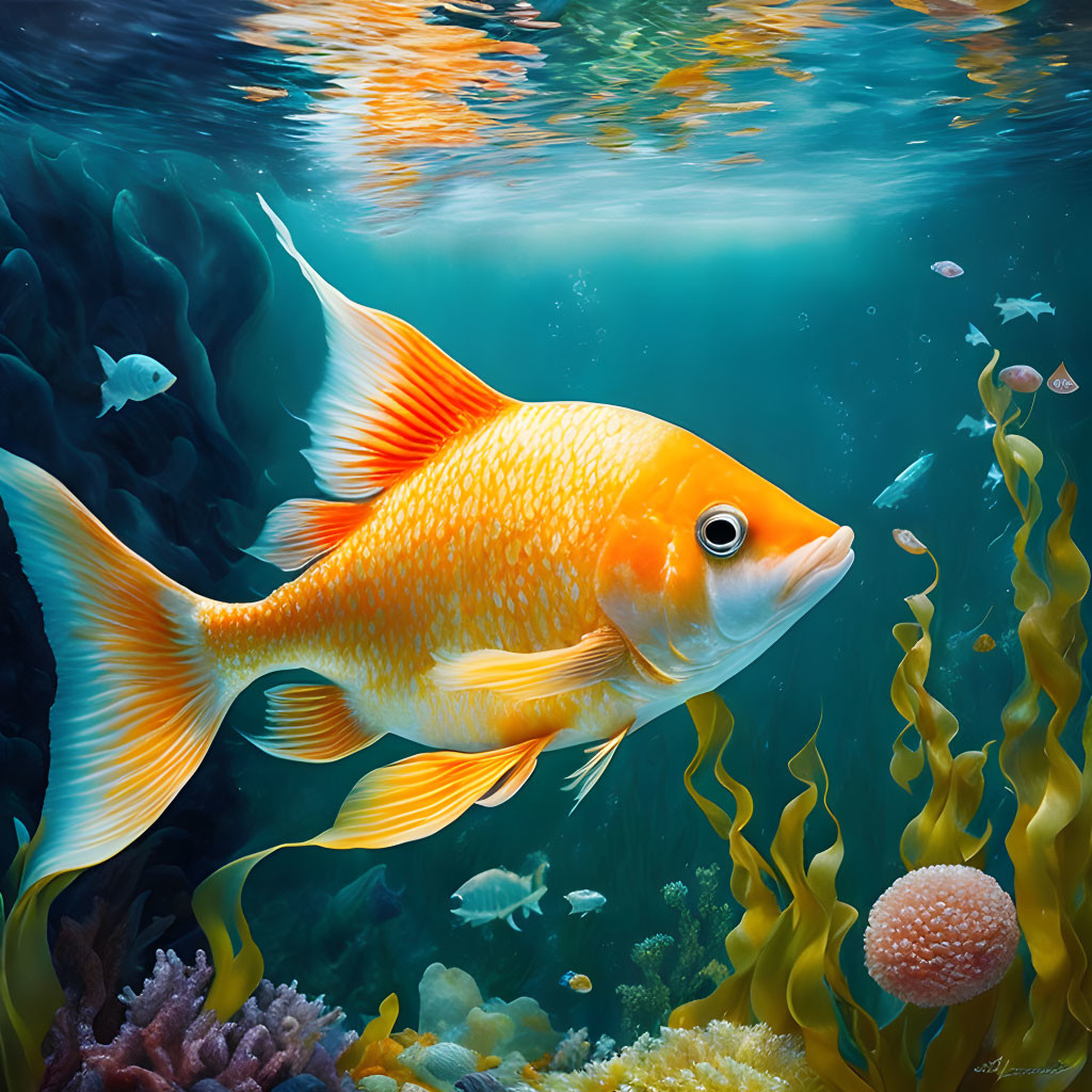 Vibrant Orange Fish Swimming Among Seaweed and Coral