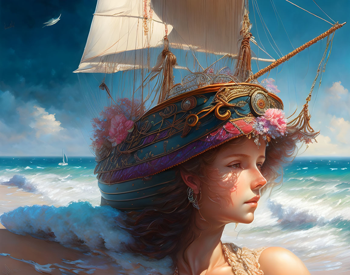 Surreal portrait of woman with ship head against sea backdrop