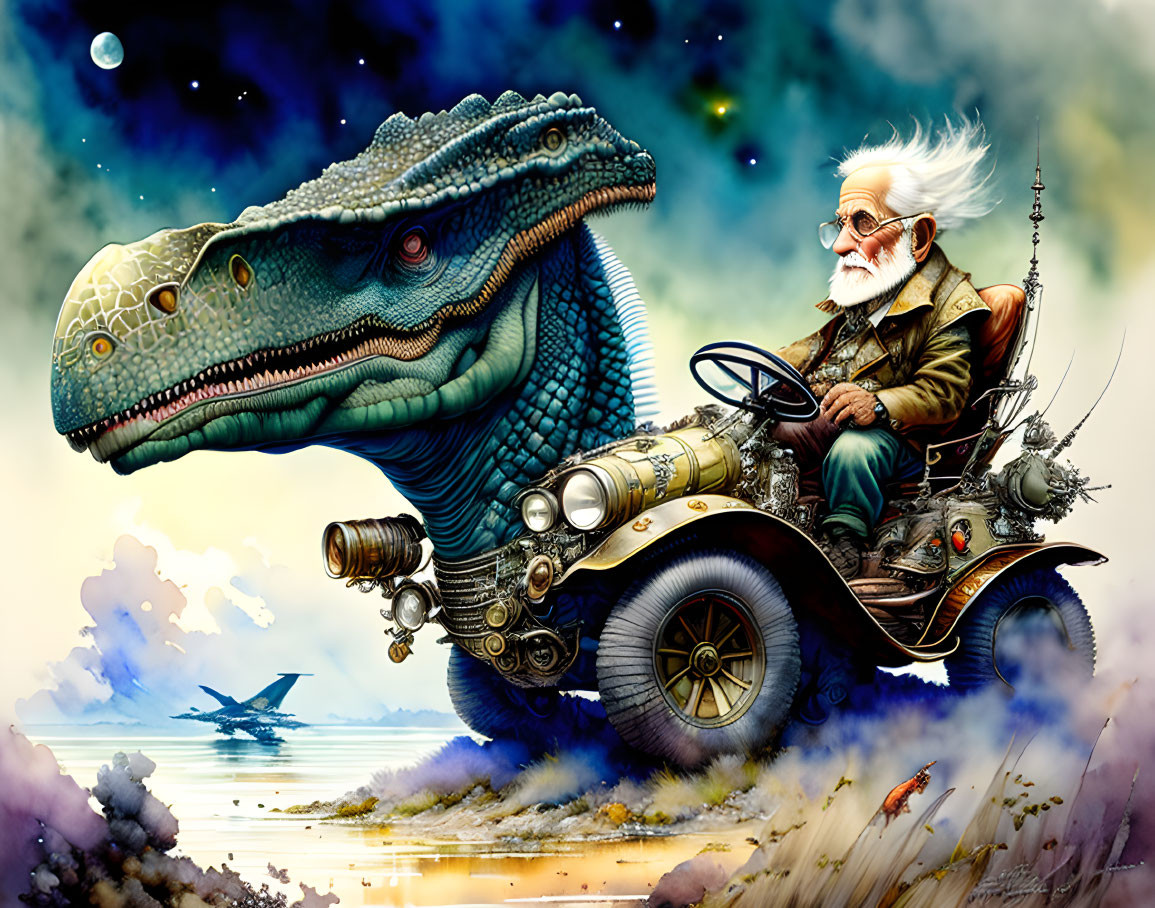 Elderly man pilots steampunk vehicle with blue dinosaur in whimsical landscape