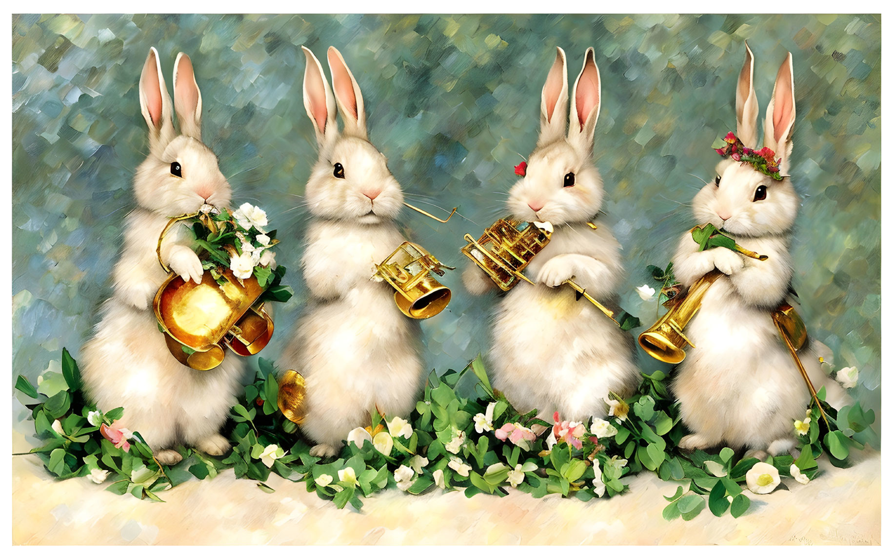 Illustrated rabbits playing brass instruments in floral attire on impressionistic backdrop