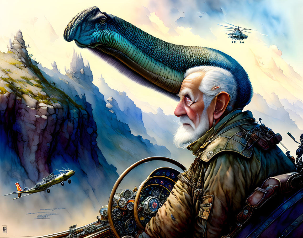 Elderly pilot in futuristic cockpit with serene dinosaur, aircraft, and mountains