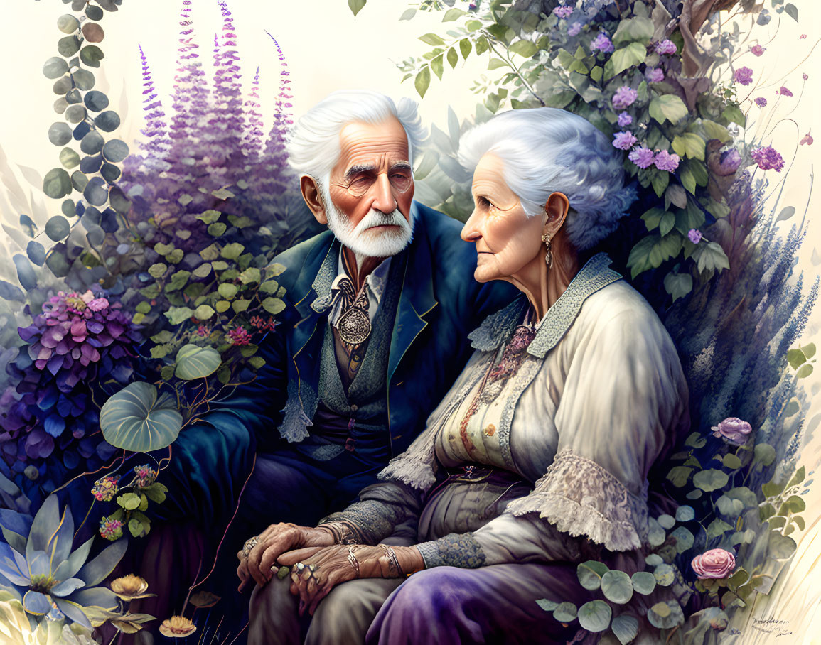 Elderly couple surrounded by vibrant flowers, man in white suit, woman in lace shawl