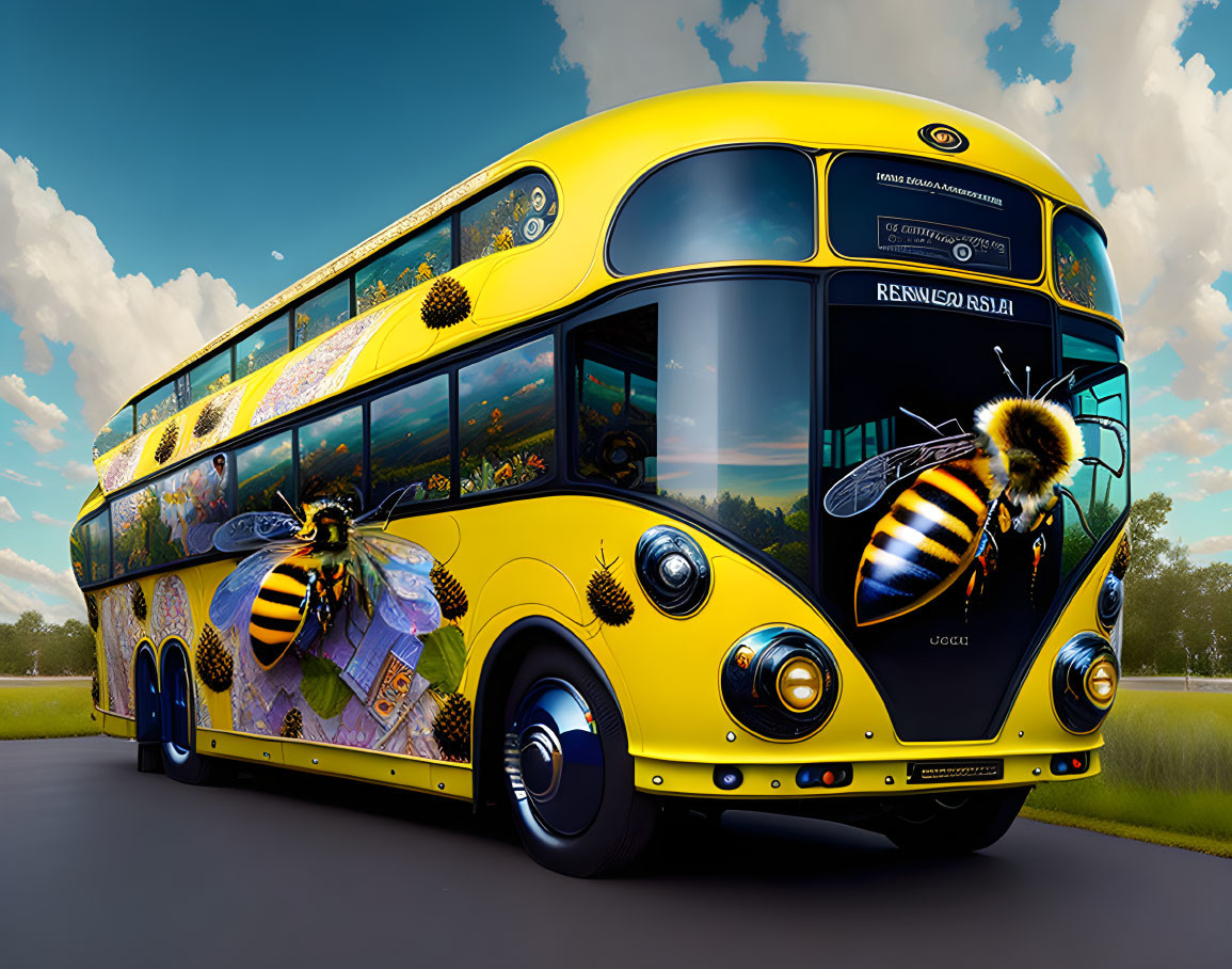 Yellow double-decker bus with bee graphics and "Refuelled by Resla" in field under