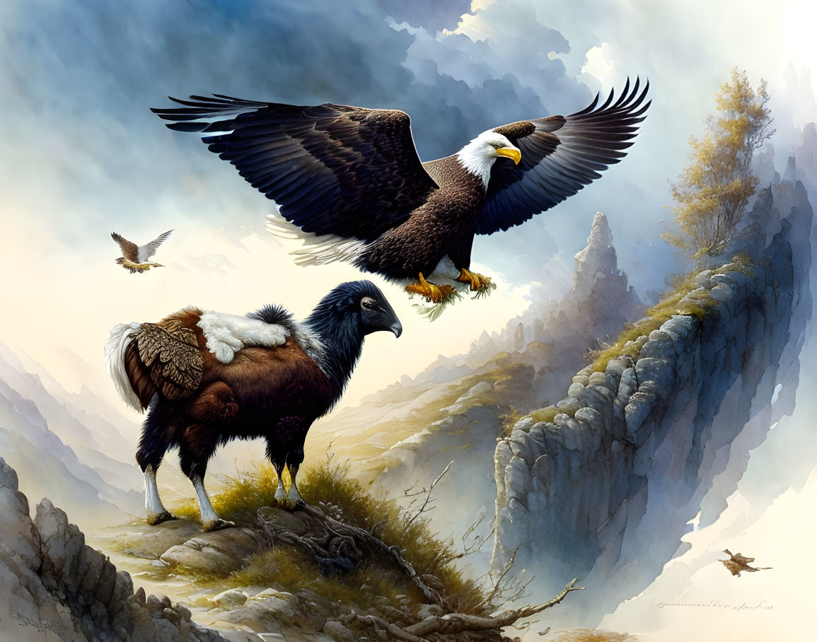 Eagle landing on rocky ledge near mythical creature under dramatic sky