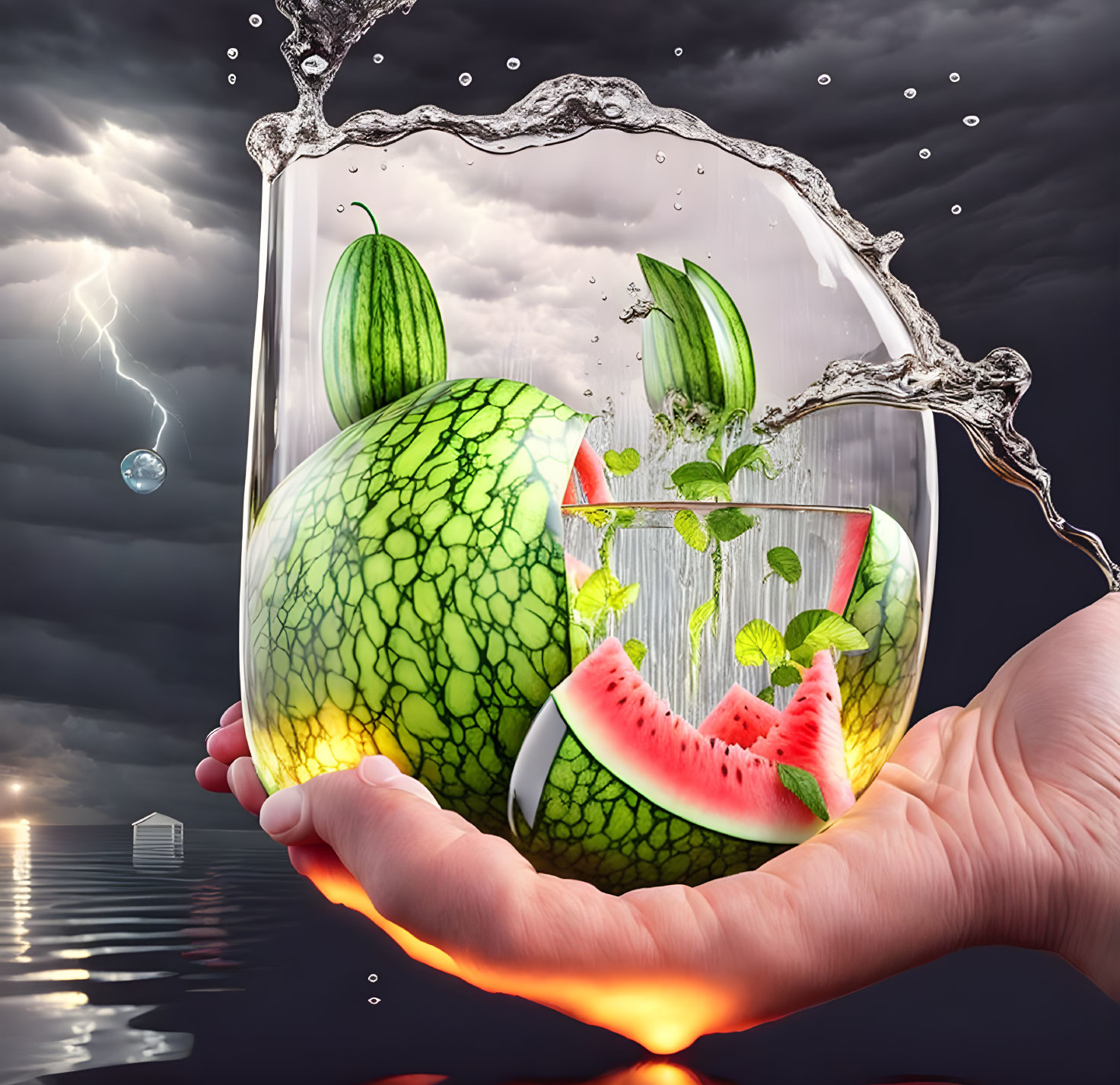 Surreal hand holding fishbowl with watermelons under stormy sky