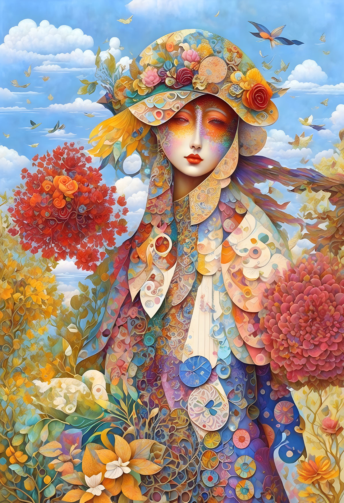 Colorful Woman with Floral Hat Surrounded by Flowers, Birds, and Clouds