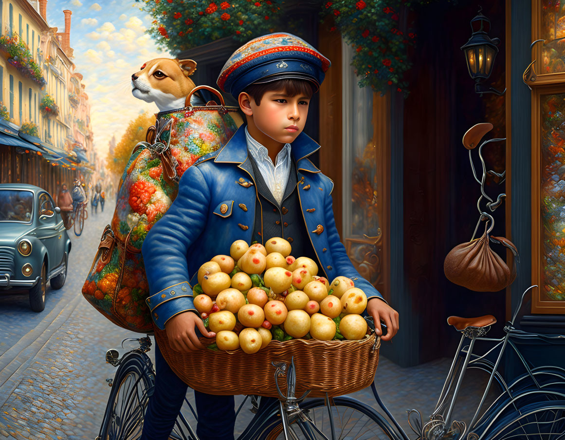 Young boy in blue uniform with bicycle and meerkat in hat and scarf on quaint street