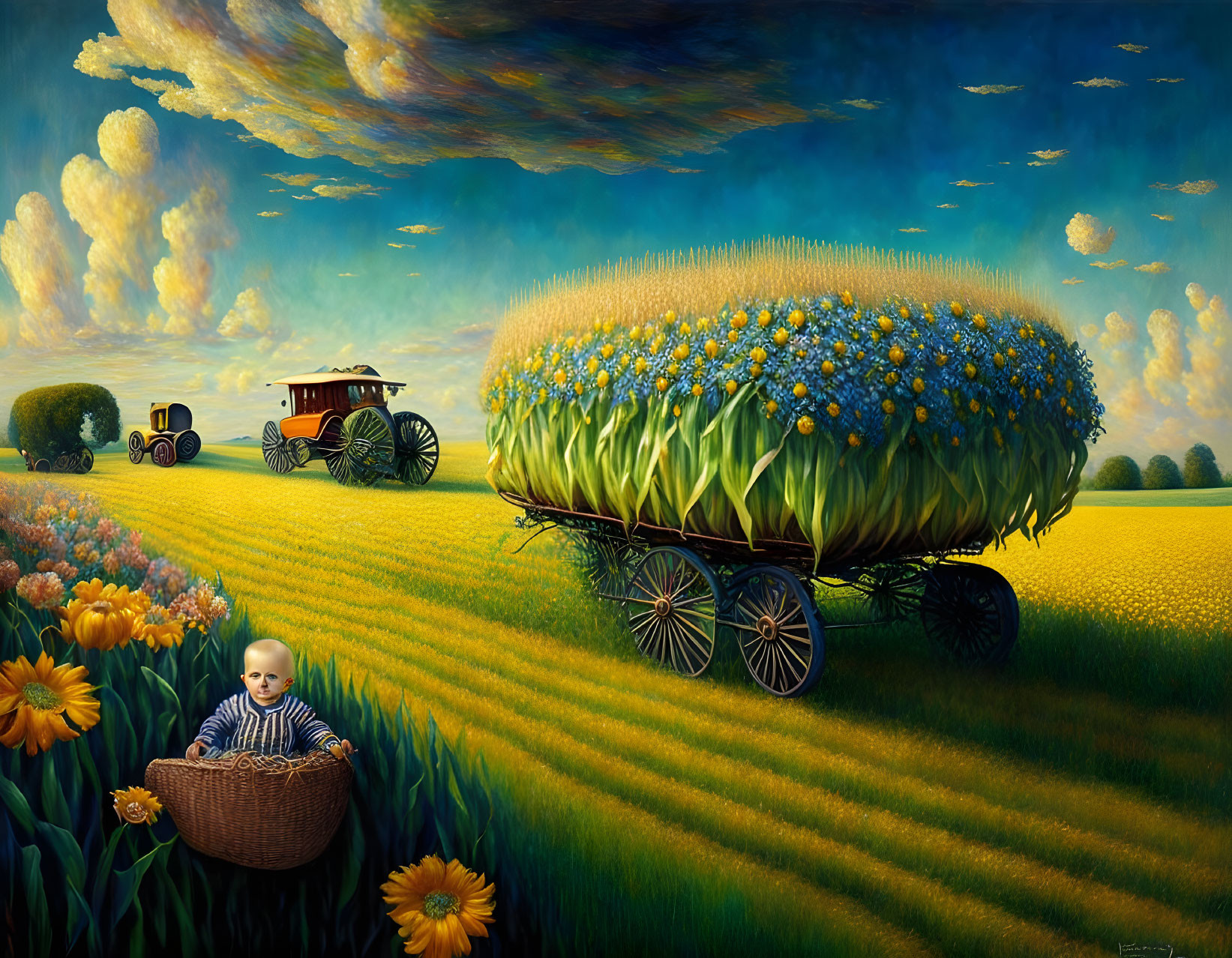 Surreal painting: Oversized dandelion bouquet, vintage tractor, baby with adult's face