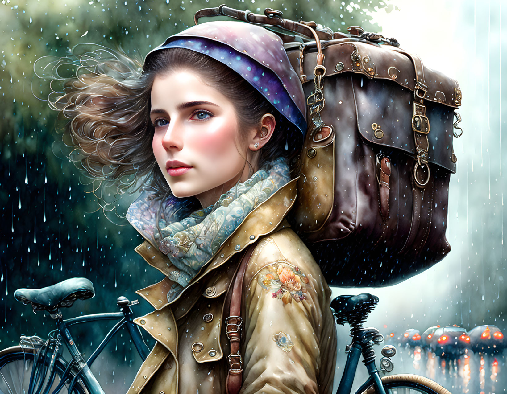 Detailed Artwork: Woman with Leather Backpack on Bicycle in Snowfall