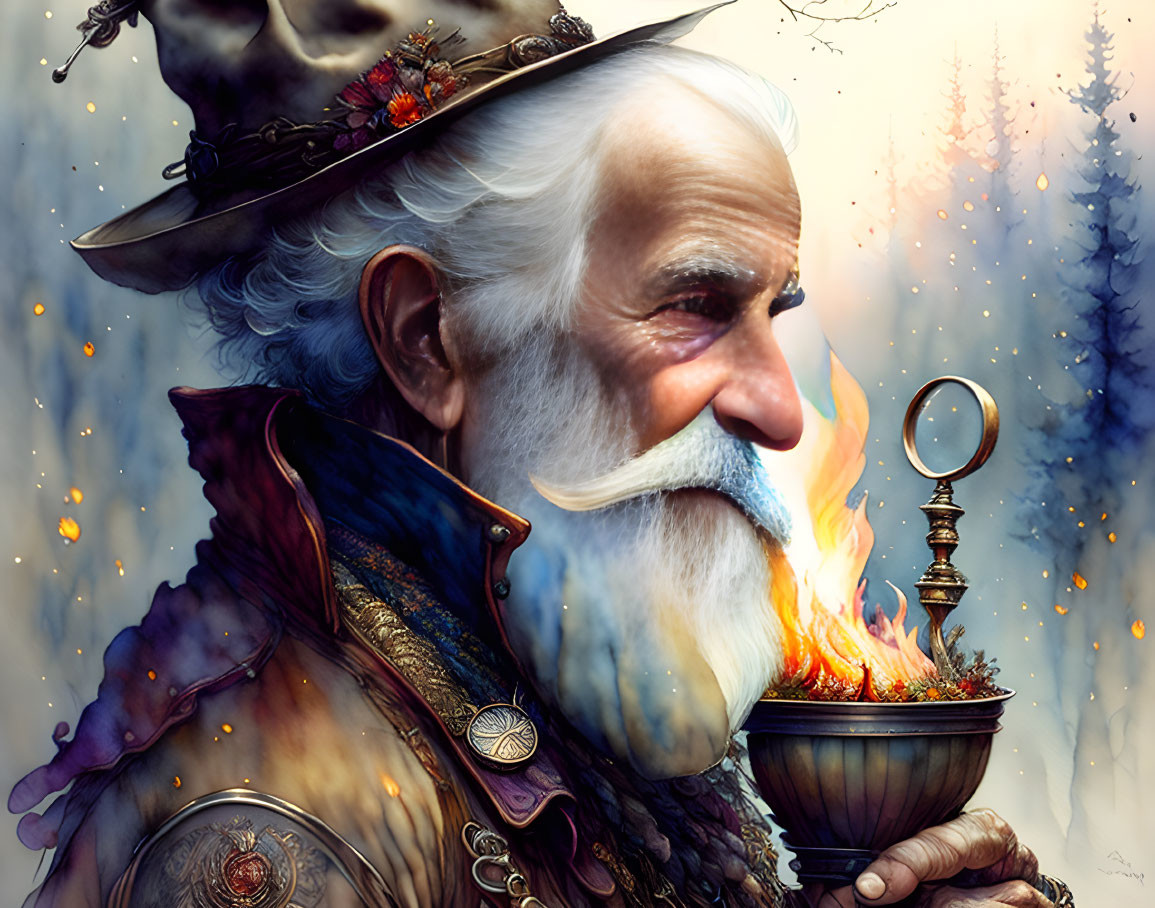 Elderly wizard with fiery beard in enchanted forest