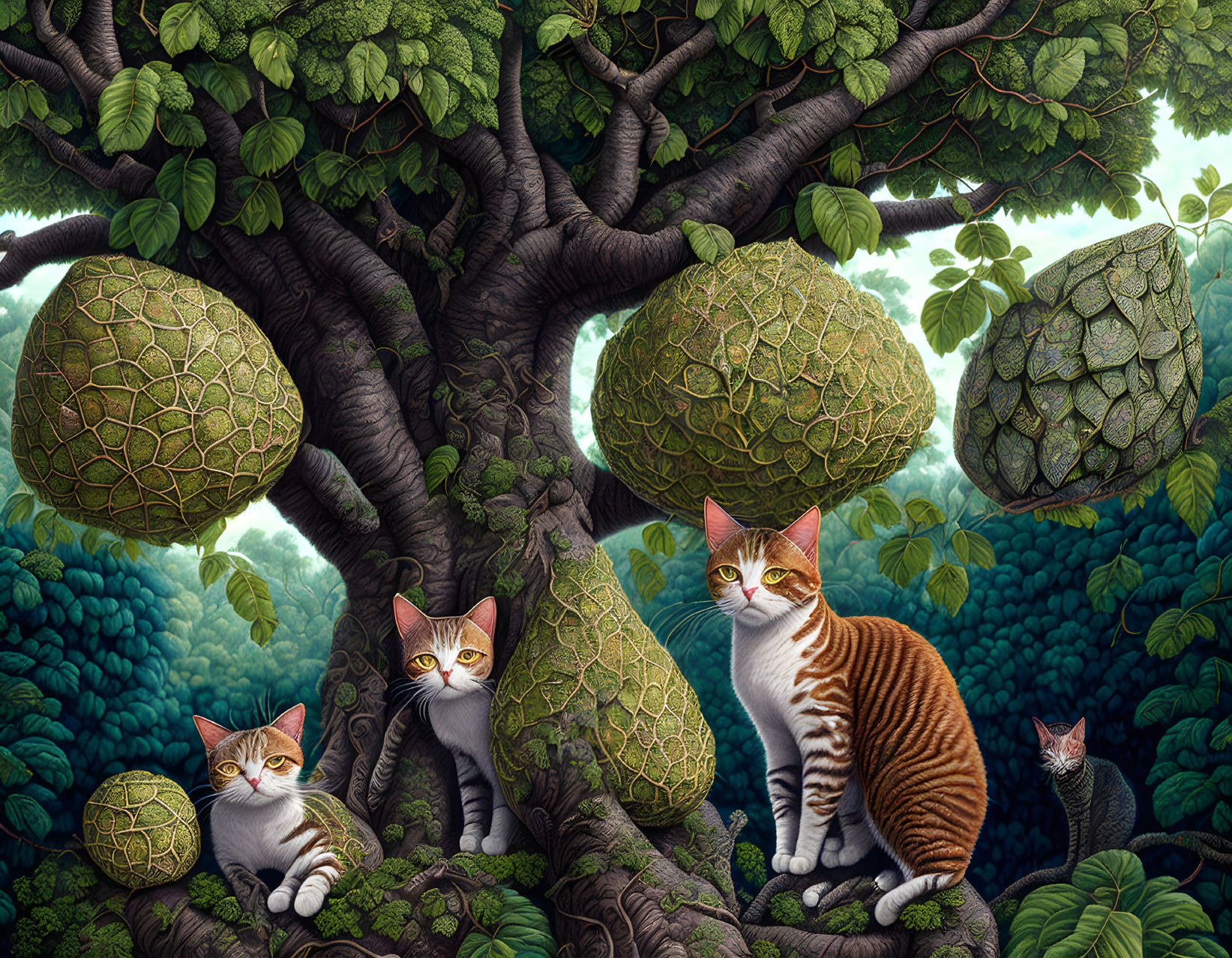 Enchanted forest with turtle shell-like fruits and camouflaged cats