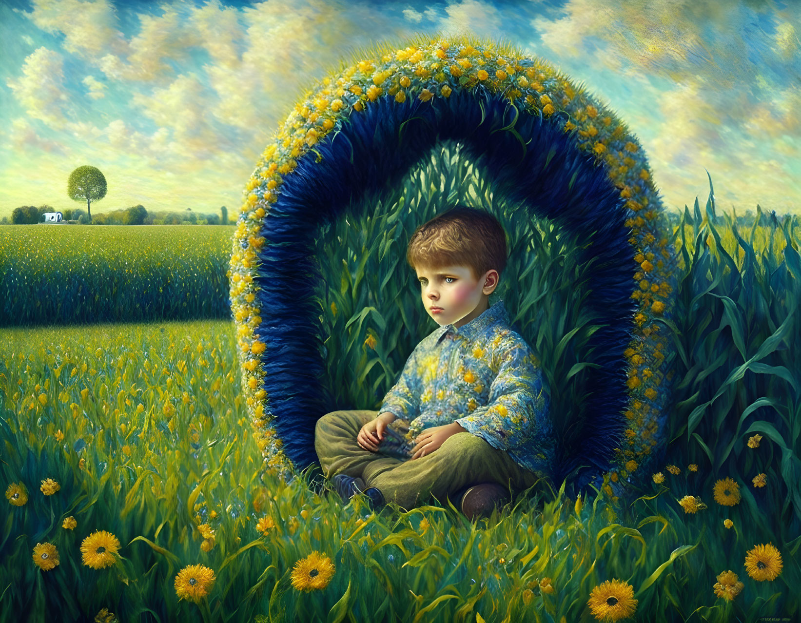 Child surrounded by sunflowers in surreal landscape