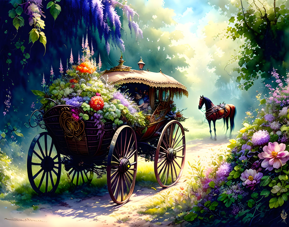 Colorful Flower-Filled Carriage in Enchanted Garden with Lone Horse