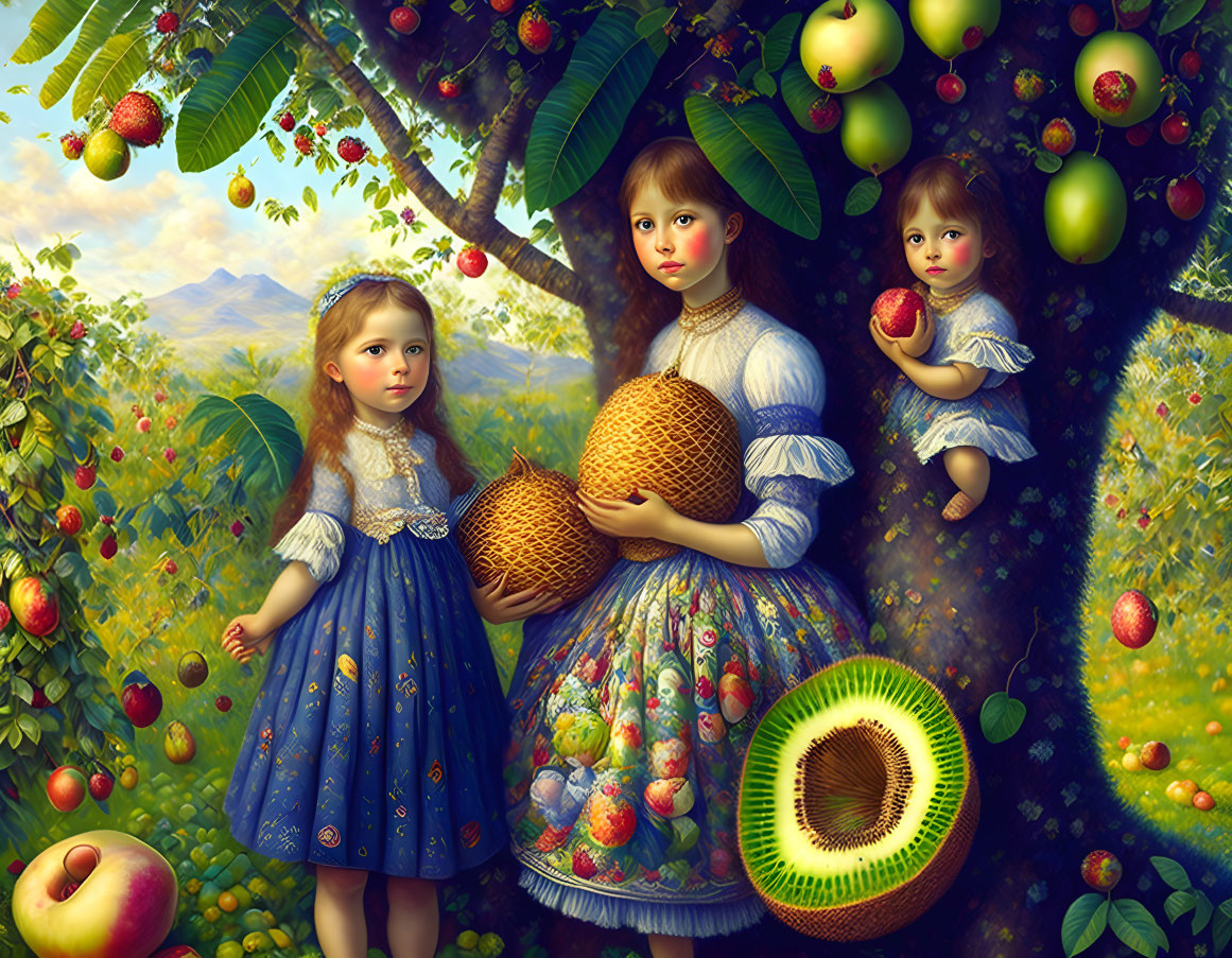 Three girls in elaborate dresses picking oversized apples with kiwi centers under a tree.