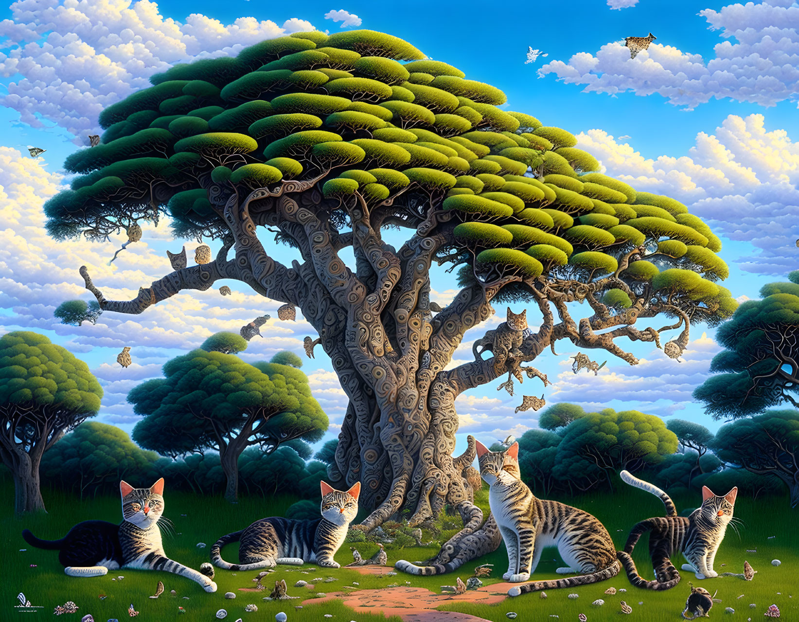 Colorful landscape with a large tree and playful cats scattered around