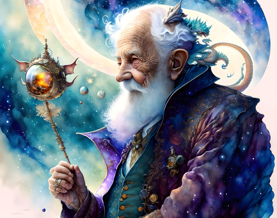 Elderly wizard with white beard and magical staff, stars, dragon shoulder perch