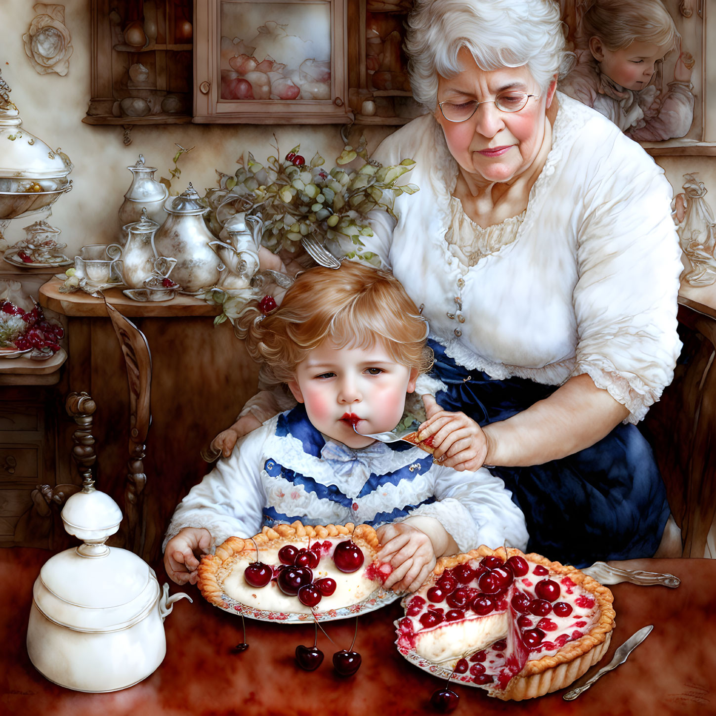 Elderly woman and child in cozy vintage kitchen with cherries and pie