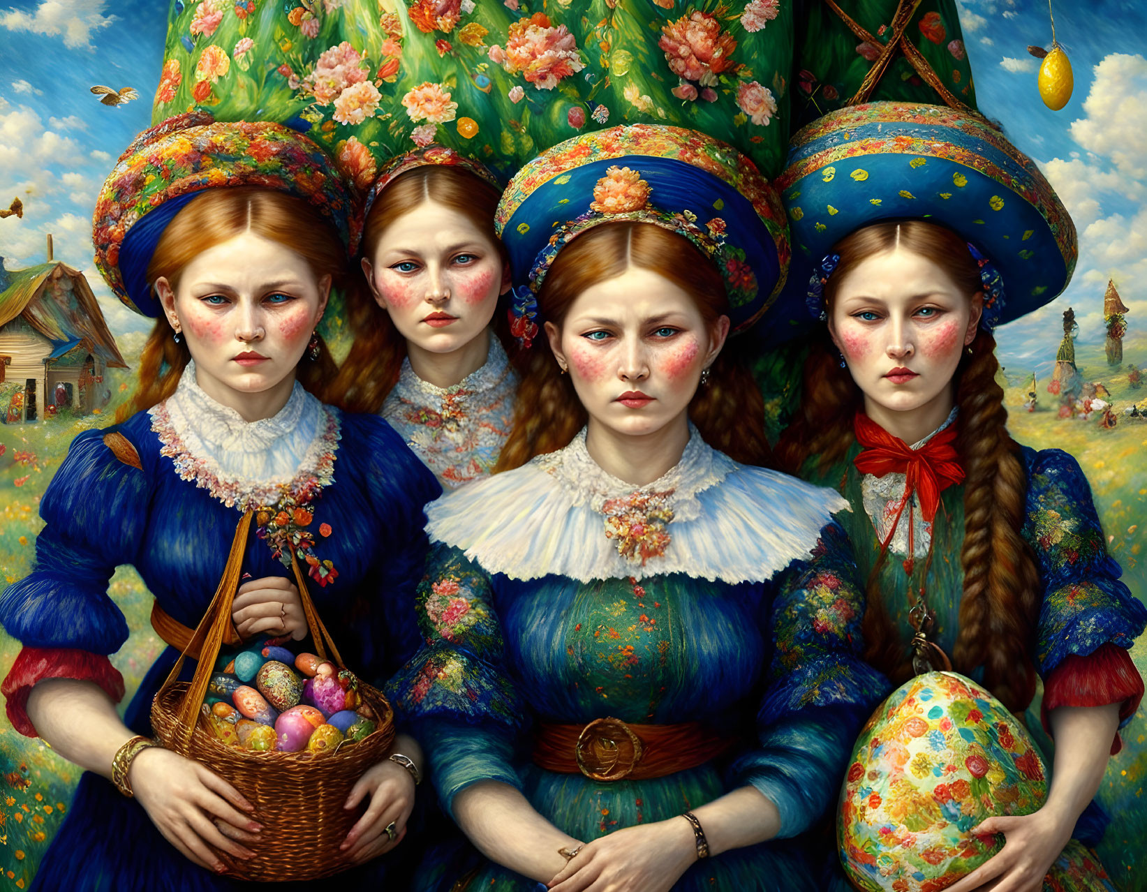 Four Women in Traditional Folk Costumes with Painted Easter Eggs in Vibrant Landscape