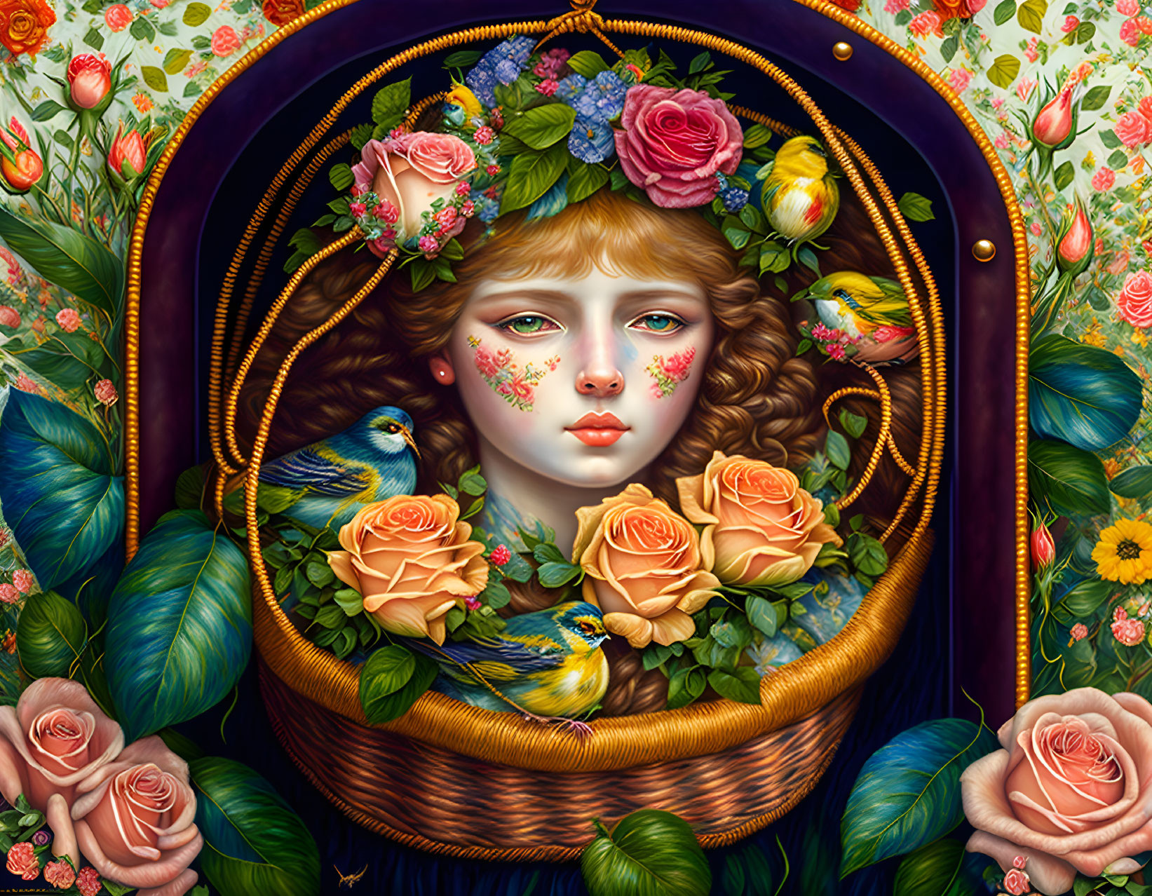 Surreal portrait of woman's face in wicker basket with flowers and bluebirds