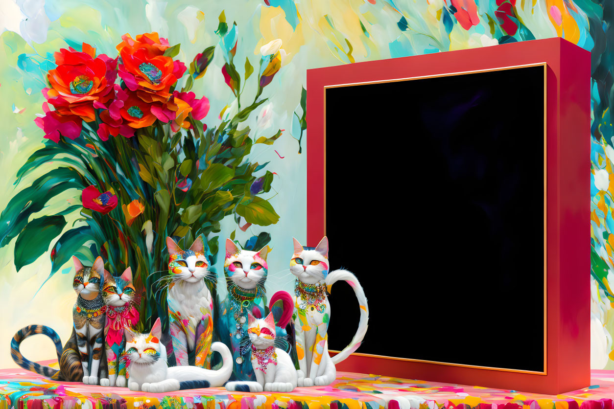 Colorful Artwork: Five Cats in Ornate Accessories on Floral Background